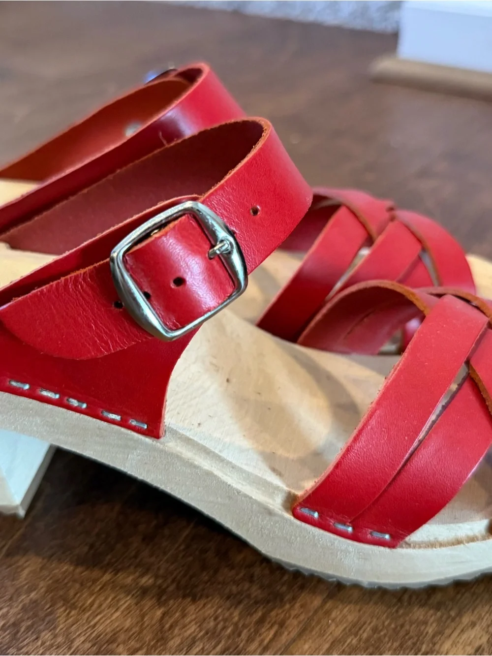 NWOT Skola Red Leather Crossover Sandals